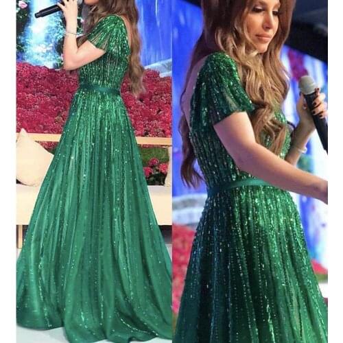 Green prom dresses v neck backless beading sequins crystal a line shinning evening dresses gowns
