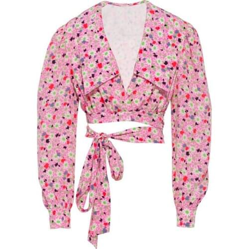 Pink Print Women Short Bandage Blouse French Pink Floral Deep V-Neck Design Summer Shirt Lantern Sleeve Brand Luxury New Top