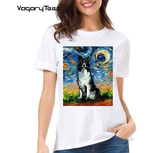 Border Collie Night dog painting Funny T Shirt Women Unisex Graphic Portrait Pet Design T-Shirt Women Streewear