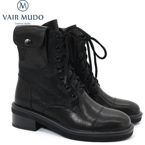 VAIR MUDO Winter Ankle Boots Shoes Women Warm Wool Fur Lace Up Genuine Leather Footwear High Quality Elegant Shoes FemaleDX151-C
