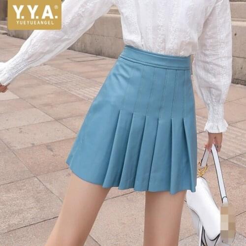 Ladies Real Leather Short Pleated Skirts Streetwear High Waist Sheepskin A-Line Mini Skirt Fashion Office Lady Solid Color Skirt