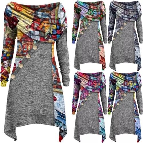 Women Casual Boho Print Blouses Tunic Round Neckline Shift Irregular Hem Shirts Ladies Outwear Tops blusas mujer de moda 2020