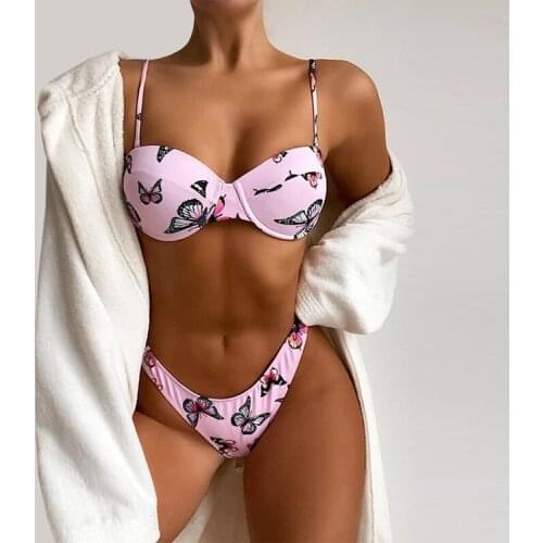 Women Swimsuit Push Up Swimwear Brazilian Bathing Suit Split Swimsuit Butterfly Print V-neck Bikini + High Waist Panties Summer