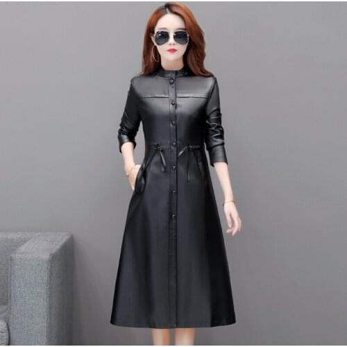 Women Elegant Faux Sheepskin Trench New Arrival Ladies Soft PU Leather Jackets Coat M-5XL Female Button Belt Outerwear Plus Size