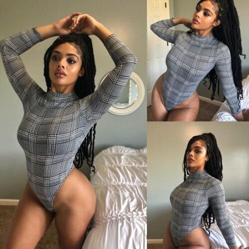 Ladies Women Fashion Sexy Long Sleeve Turtleneck Plaid Print Slim Fit Skinny Bodycon Club Beach Gray Bodysuits Leotard