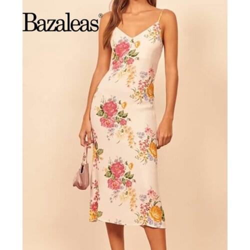 Bazaleas summer women Floral Print Dress Retro Dresses v neck Vintage Tube Top Women Midi Dress