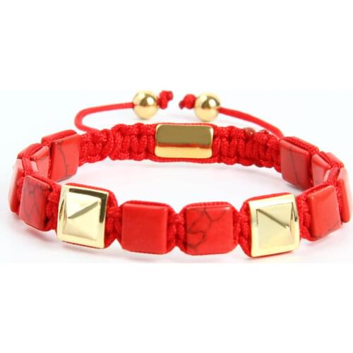 Ailatu Wholesale Mens Jewelry Gold Pyramid with Red Howlite Stone Flat Bead Macrame Power Bracelet Men Gift
