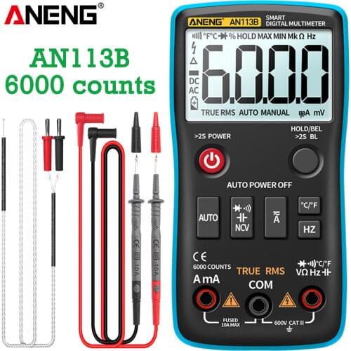 ANENG AN113B Digital Multimeter True RMS with Temperature Tester 6000 Counts Auto-Ranging AC/DC Transistor Voltage Meter