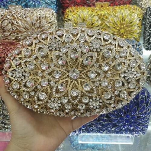 Hollow Out Gold Metal White Rhinestone Shoulder Wedding Clutches Designer Luxury Women Chain Bags Lady Crystal Evening Purses