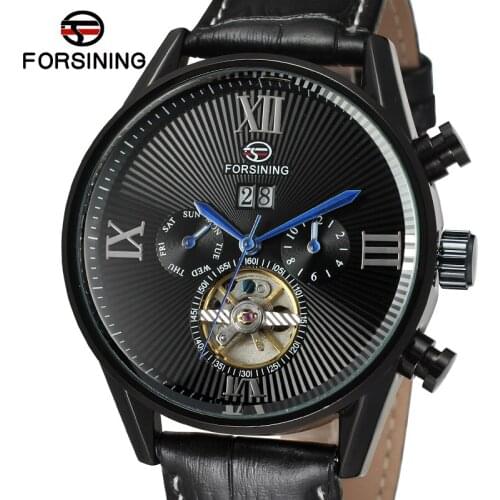 Forsining Mens Watch Luxury Automatic Business Leather Strap Dress Clock Calendar Male Clock Black Mechanical Relogio