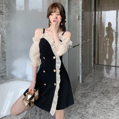 Black Mesh Patchwork Off Shoulder Ruffle Sexy Party Dresses Women Evening Spaghetti Strap Dress Womens Dresses New Arrival 2020