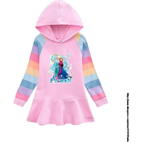 Disney Frozen 2 Elsa Anna Print Girl Kid Cotton Hoodie Dress with Pleated Hemline Long SleeveBaby Child Sweatshirt Coat Clothes