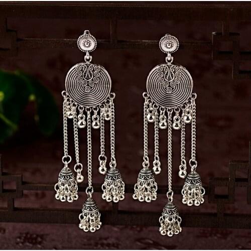 2019 Egypt Turkish Classic Antique Womens Round Alloy Long Chain Tassel Jhumka Earrings Indian Dangle Drop Earrings Boho Style