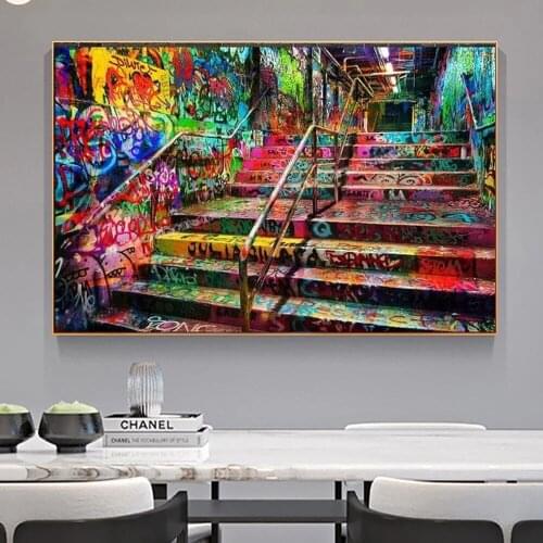 Stairs Street Graffiti Art Canvas Artwork Painting Abstract Wall Posters and Prints Modern Picture for Living Room Wall Decor