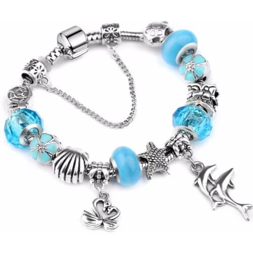 HOT 2018 Fashion Heart Key Tortoise Charm Bracelet Blue Crystal Glass P Bracelets & Bangles for Women Jewelry Gift