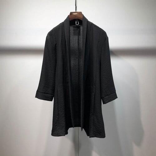 Summer original suzerain simple and slim cotton hemp breathable 7 / 4 sleeve cardigan dark Yamamoto irregular hem coat