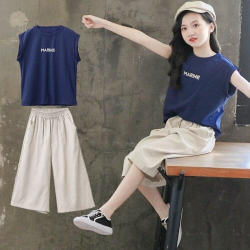 Teenage Girls Clothes Set Fashion Letter Short Sleeve Tops+Loose Wide Leg Pants Summer Kids Clothing Girl Outfits 6 8 10 12 14Y