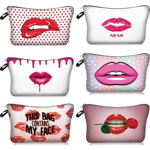 Red Lip 3D Printing Makeup Bags With Multicolor Pattern Cute Cosmetics Pouchs For Travel Ladies Pouch Women Cosmetic Bag