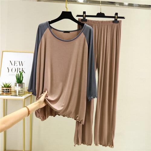 Modal Patchwork Two Pieces Women Pant Sets 2021 Summer New O-Neck T-Shirts and Wide Leg Ankle Length Pants Female Pants Suits