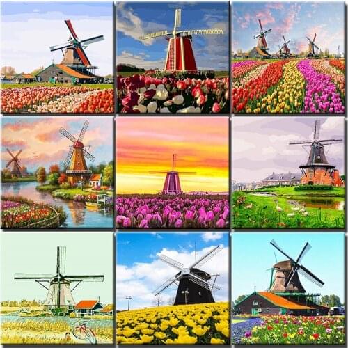 Diy Painting By Numbers Kit Landscape Dutch Windmills Wall Art Picture By Numbers Set Coloring By Numbers For Home Decor Gift