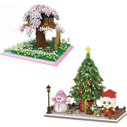 PZX Sakura Tree House Mini Building Blocks Christmas Tree Snowman 3D Model City Micro Diamond Bricks Toys For Kid Gift