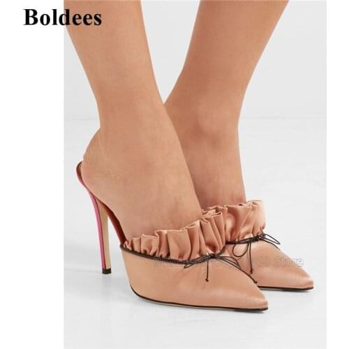 Luxury Satin Smooth Leather Slip On High Heel Slippers Women Thin High Heels Pointed Toe Bowknot Shallow Mouth Mules Ruffles