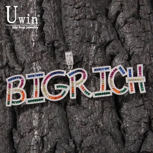 Uwin Rainbow Baguette Letters Name Necklace Custom CZ Letter Pendant Colorful Initial Name Personalized Necklace Hiphop Jewelry
