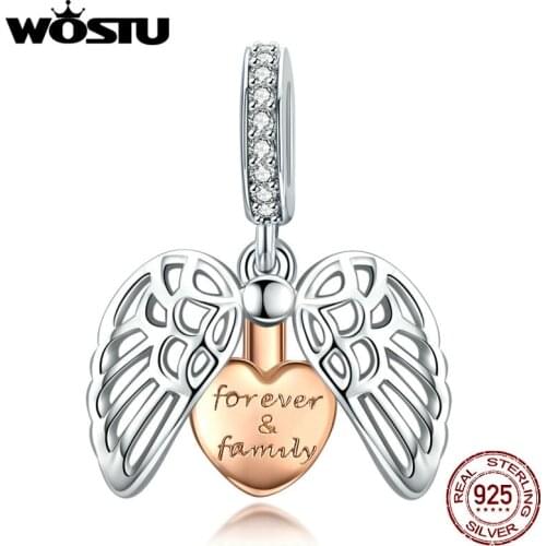 WOSTU New Arrival 100% Real 925 Sterling Silver Charms Forever Family With Angel Wings Pendant Fit Original Bracelet CQC1299