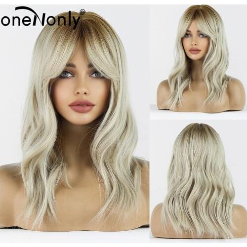 OneNonly Medium Length Natural Wave Ombre Light Blonde Synthetic Wigs with Bangs Dark Root for Women Cosplay Hair Heat Resistant