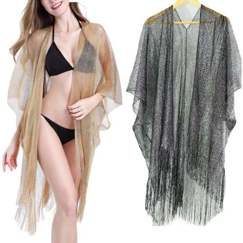 Null Womens Summer Metallic Glitter Solid Color Swimsuit Cover Up Long Tassels Asymmetric Hem Kimono Cardigan Sheer Knitted