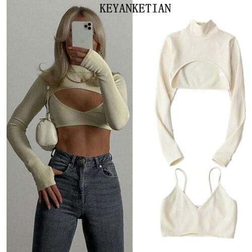 KEYANKETIAN 2021 spring and autumn high-necked long-sleeved knit sleeve top sweater suspender suit feminine outerwear