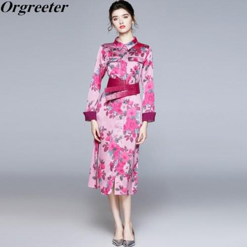 Purple Floral Print Long Shirt Dress Spring Fall 2020 New Temperament Patchwork Long sleeve Chic PU Belt Split Mid Dress