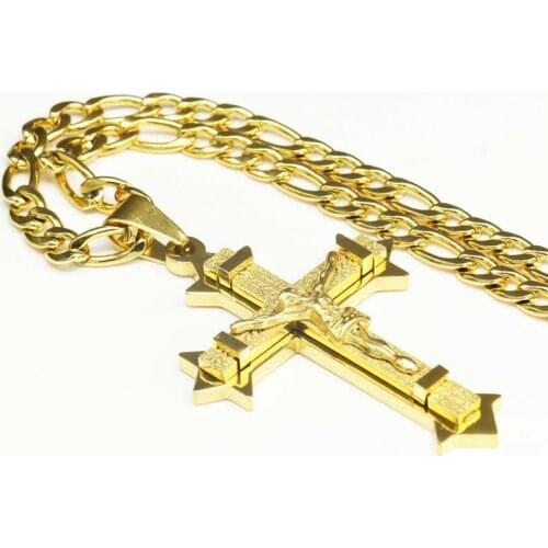 Gold Tone Jesus Christ Stainless Steel Cross Cruz Pendant Necklace with 24" Figaro chain Necklace