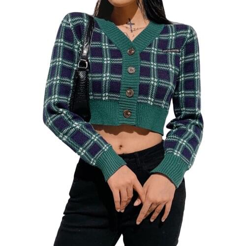 2021 Womens Knit Crop Tops Casual Long Sleeve Button Down Plaid Print Loose Fit Cardigan For Daily Wear Club Party Dating