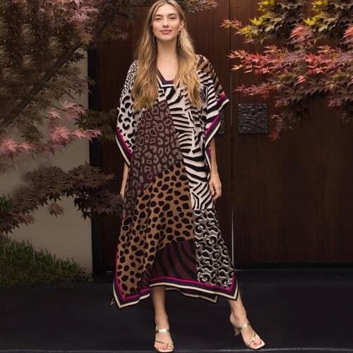 2021 Grey Leopard Kaftan Elegant V-neck Half Sleeve Side Split Summer Dress Plus Size Women Beach Wear Swim Suit Cover Up Q1323