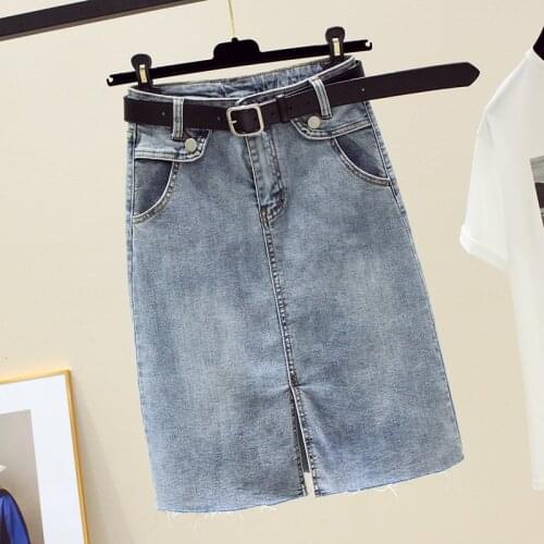 Ailegogo 2021 New Spring Summer Women Solid Denim Skirt Casual Retro High Waist A-line Skirt with Belt Slim Medium Length Skirts