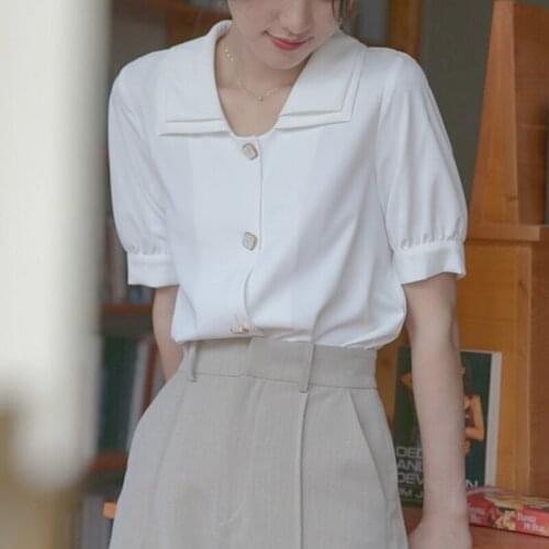 Summer Casual Elegant Chiffon Blouses Women Short Sleeve French Office Lady Polo Shirt White Korean Fashion Design Clothing 2021