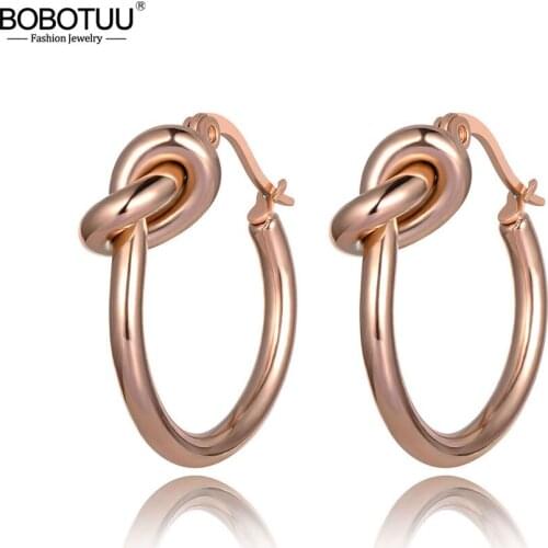 BOBOTUU Original Design Titanium Stainless Steel Knotted Hoop Earrings Trendy Bohemia Office Party Earrings For Women BE19282