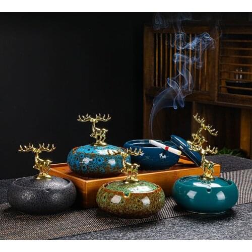 Household Round Ceramic Ashtray Modern Home Decoration Living Room Anti Fly Ash with Lid Ashtray Office Desktop Cigar Ashtray