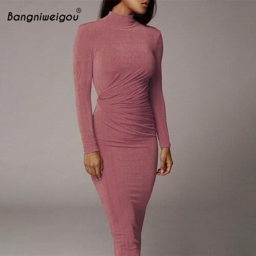 Bangniweigou Fall Winter Long Dress Pink Women Turtleneck Ruched High Waist Stretchy Solid Tube Robe Long Sleeve Office Clothes