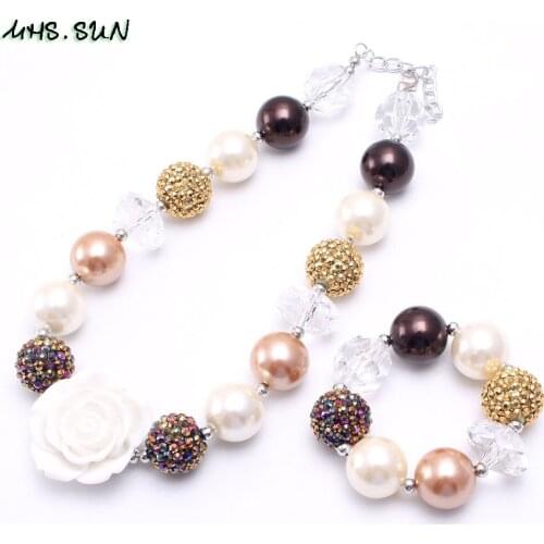 MHS.SUN Rose Flower Girls Beads Necklace Bracelet Set Fashion Child Kids Chunky Bubblegum Beaded Jewelry Set For Gifts