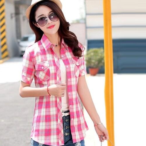Summer womens clothing womens shirts plaid cotton office clothing slim shirts womens summer clothing 8006