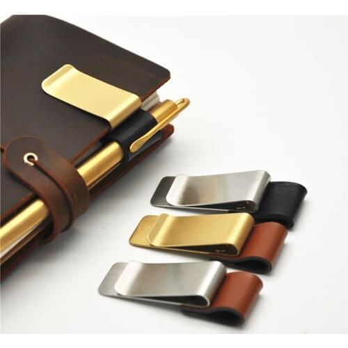 1Pc Metal Leather Pen Holder Brass Stainless Steel Pencil Clip Vintage Dairy Notebook Pen Holder Spiral Loose Leaf Memo Clip