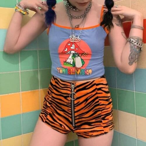 Fashion Cartoon Pictures Letter Print Camisole Tops Summer Slash Neck Women Stretch Slim Camis Top Gothic Streetwear