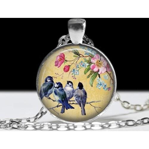 New Hummingbird Violet Color Flower Necklace Animal Dainty Birds Glass Photo Cabochon Pendant Jewelry Gift for Women Children