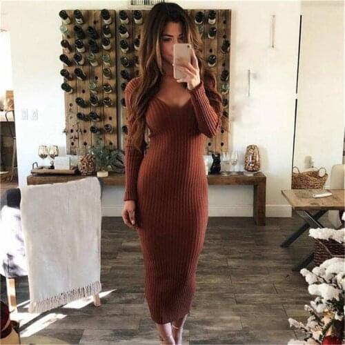 Autumn Knitted Bodycon Midi Dress Casual Sexy V Neck Long Sleeve Women Elegant Winter Slim Fashion Long Dresses Thin Dress 2020