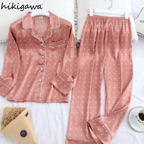 Hikigawa Pring Autumn Ice Silk Home Service Suit Women Long-sleeve Trousers Simple Casual Thin Pajamas Fashion Loose Sleepwear