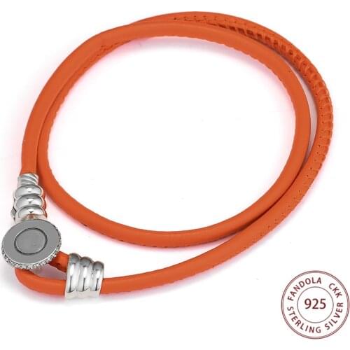Spicy Orange Double Leather Bracelet Argent 925 Sterling Silver Jewelry Clear CZ Bracelets for Women pulseras Bijoux