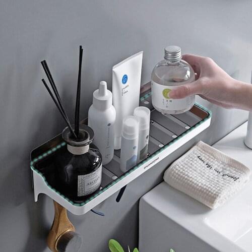 Bathroom Shelf with Hooks Wall Mount Shampoo Shower Storage Holder Kitchen Storage Bathroom Accessories