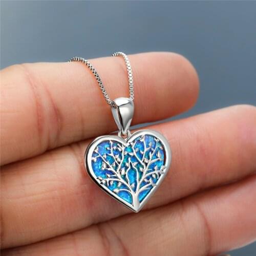 Popular Tree of Life Blue White Imitation Opal Heart Pendant Necklaces for Women Elegant Engagement Wedding Jewelry Gifts